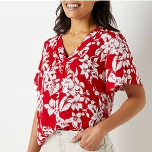 Liz Claiborne Women’s V Neck Red with White Flowers Short Sleeve Blouse Size XL